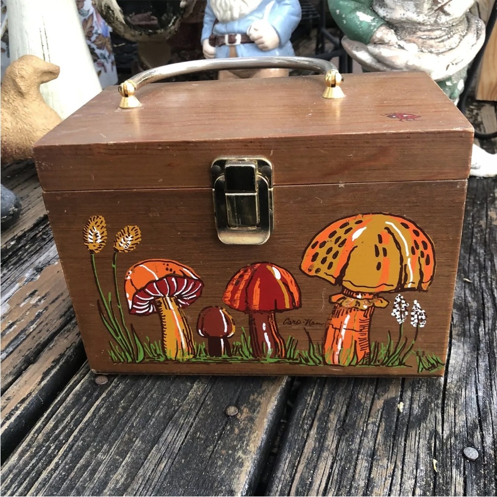 Caro Nan Mushroom Wood Purse Handbag Bag Metal Handle Red Orange Vintage 60s 70s